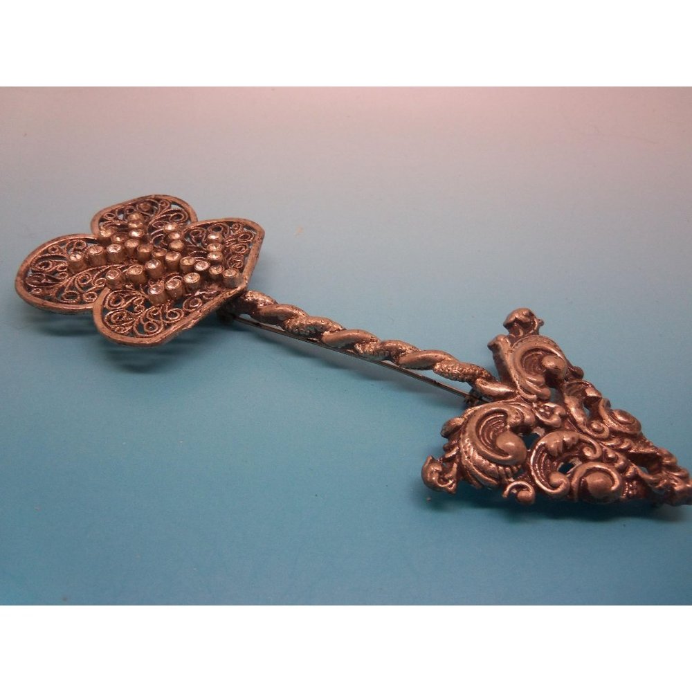 Ornate Statement 1930s Pot Metal Arrow Brooch Rhinestones Chatelaine